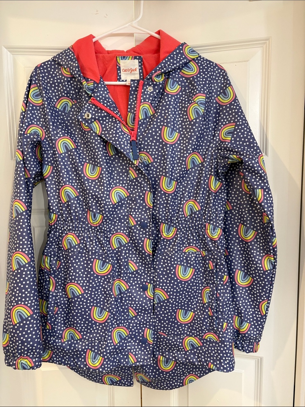 Cat & Jack Blue Raincoat with Rainbow Print and White polka dots